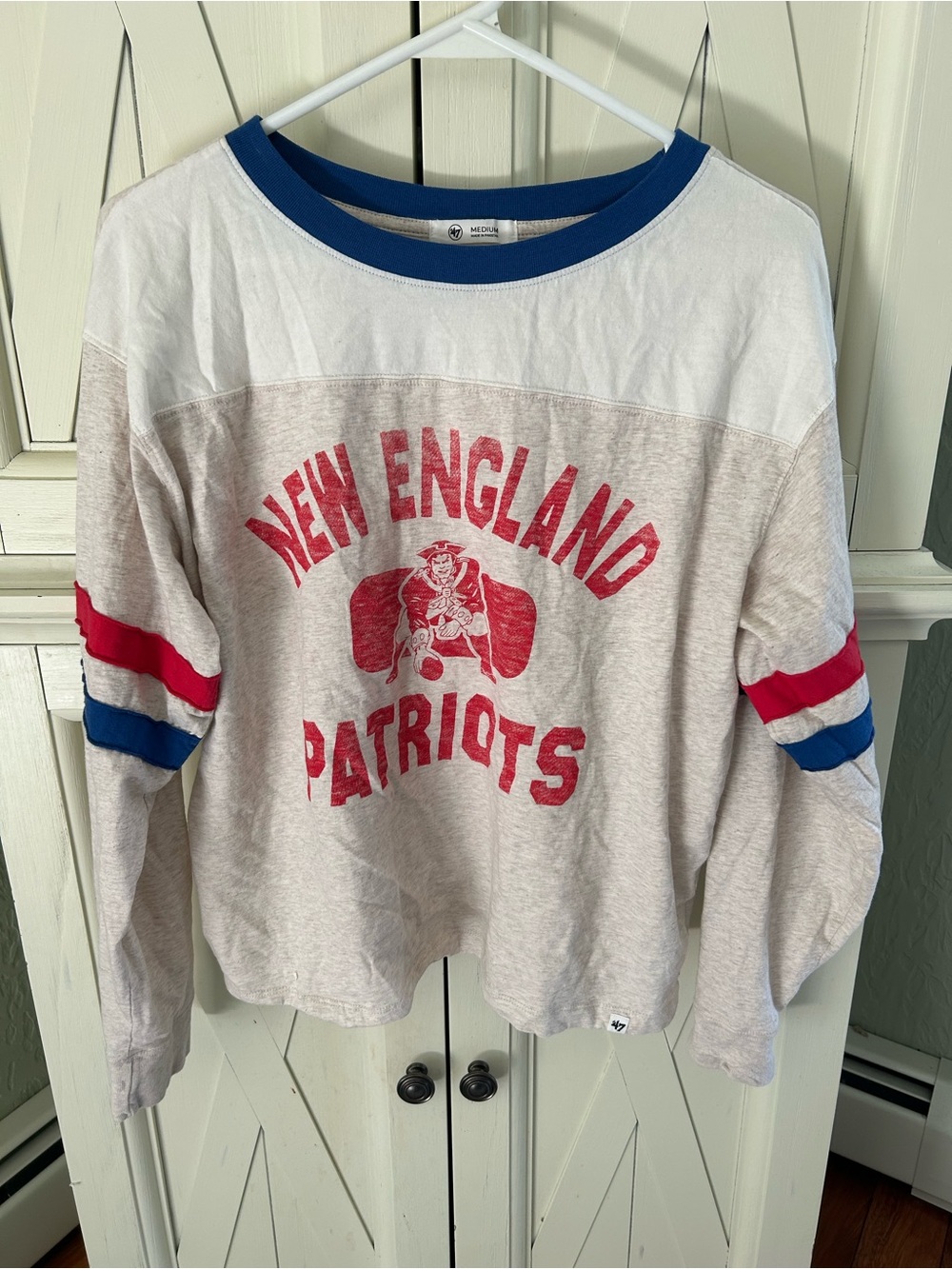 '47 White Tee with Blue Ribbed Collar and Red Graphic